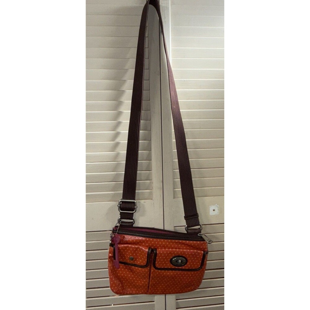 Fossil Key-Per Orange Coated Canvas Crossbody Bag Brown Strap Pockets ZB5320